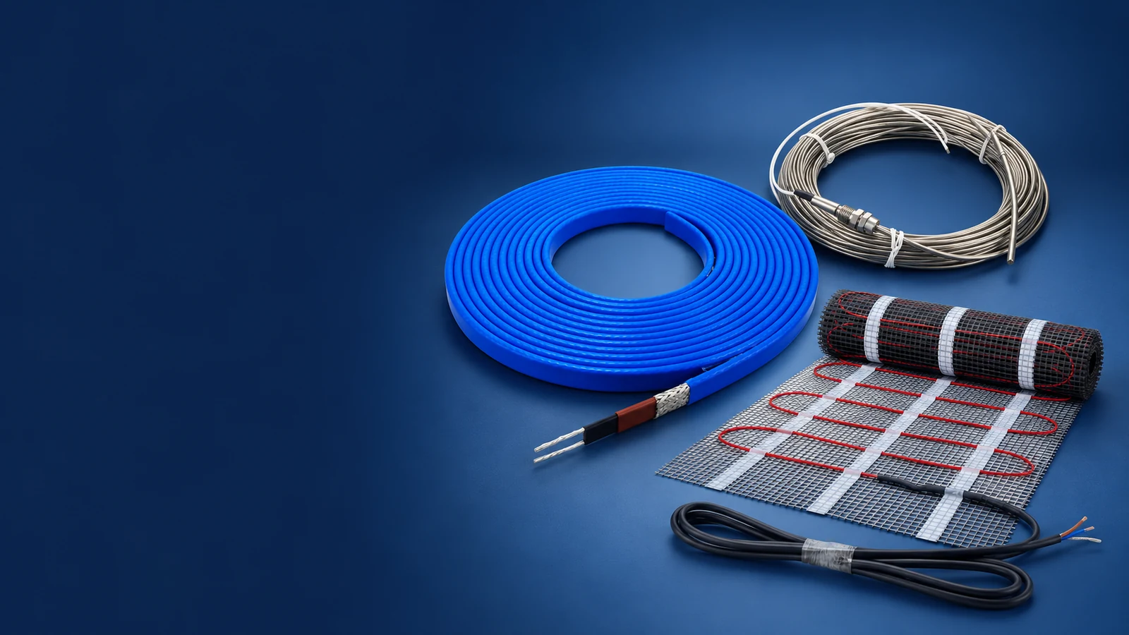 Blue and metal-sheathed heating cable coils beside a partially rolled mesh heating mat.