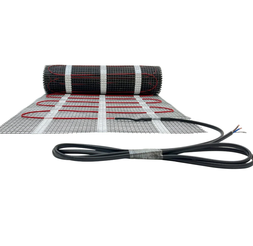 Partially unrolled mesh heating mat with red cable and a black connection lead.